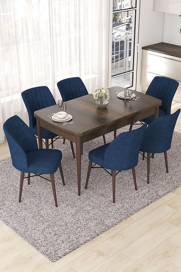 Nef Serisi 70x114 Açılabilir Mdf Barok Ahşap Desen Masa Takımı Ve 6 Lacivert Sandalye - 1