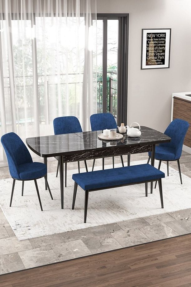 Via Serisi Açılabilir Mutfak Masası Takımı Siyah Mermer Desen Masa 4 Lacivert Sandalye 1 Bench - 2