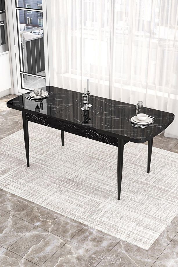 Via Serisi Açılabilir Mutfak Masası Takımı Siyah Mermer Desen Masa 4 Zebra Sandalye 1 Siyah Bench - 4
