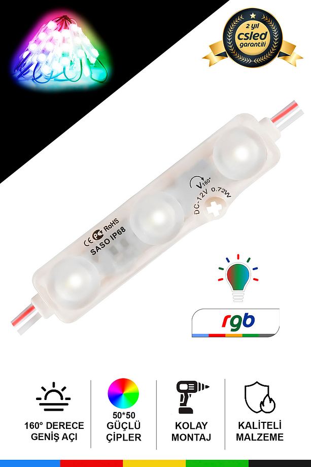 RGB LED Modül 0.72W, DC12V, IP65 Su Geçirmez, Yapışkanlı, Reklam ve Dekoratif Işık - 20 Adet - 1