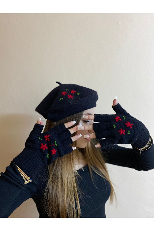 Handmade Red Floral Embroidered Black French Painter Beret and Fingered Gloves Set - Gift