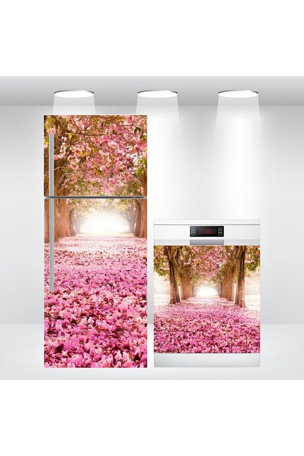 Buzdolabı Ve Bulaşık Makinesi Kapak Sticker Kendinden Yapışkanlı Folyo Kaplama Pembe Çiçekler - 1