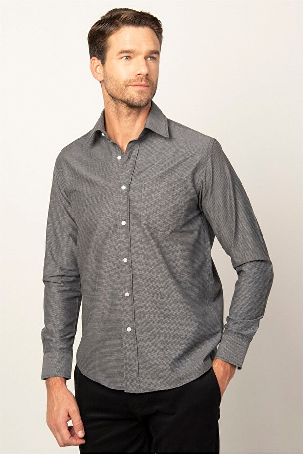 Men's Regular Fit Classic Cut Cotton Easy Ironing Dobby Gray Shirt