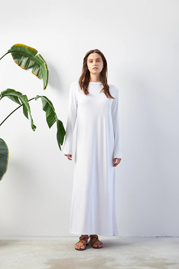 Dik Yaka Basic Uzun Kol Ekru Kadın Elbise - 1