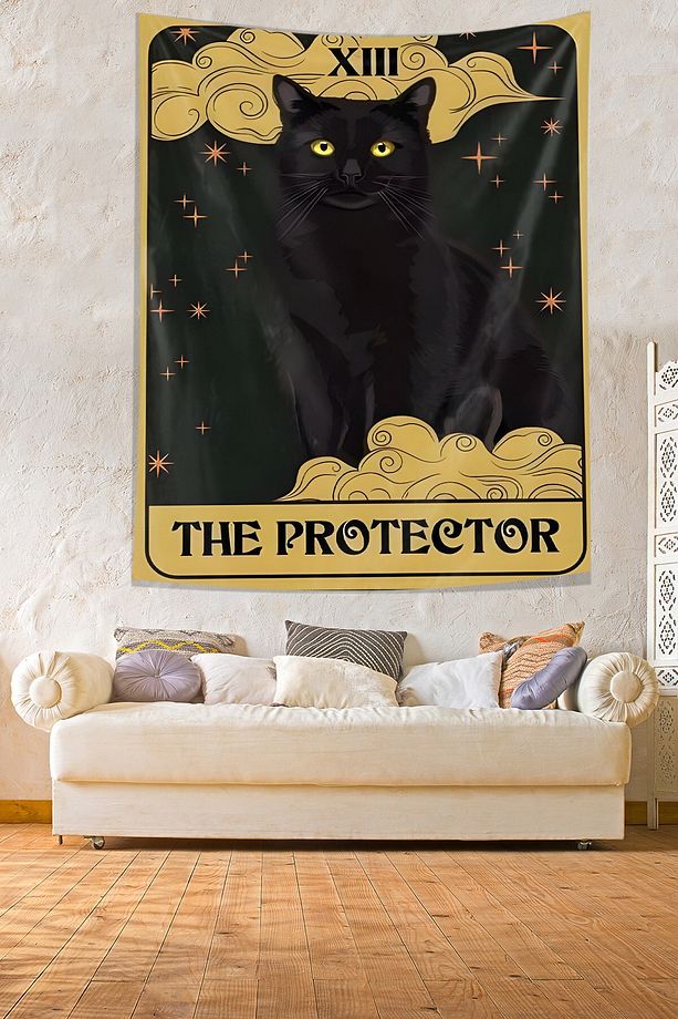 The Protector Siyah Kedi Desenli Leke Tutmaz Kumaş Duvar Örtüsü Duvar Halısı Tapestry - 2
