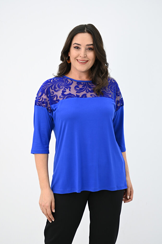 Women's Plus Size Velvet Tulle Detail Blouse 1856-2