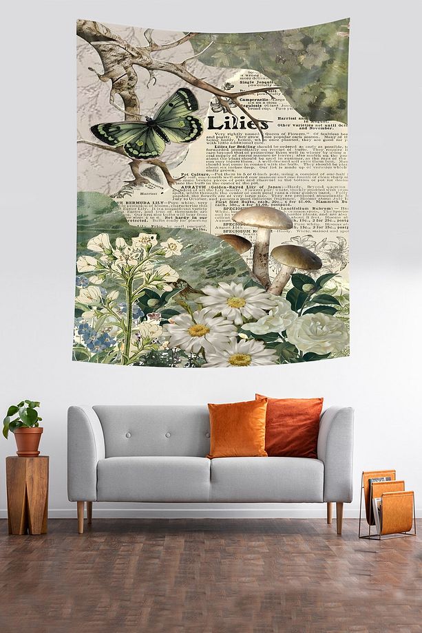 Kelebek Çiçek Mantar Desenli Leke Tutmaz Kumaş Duvar Örtüsü Duvar Halısı Tapestry - 1