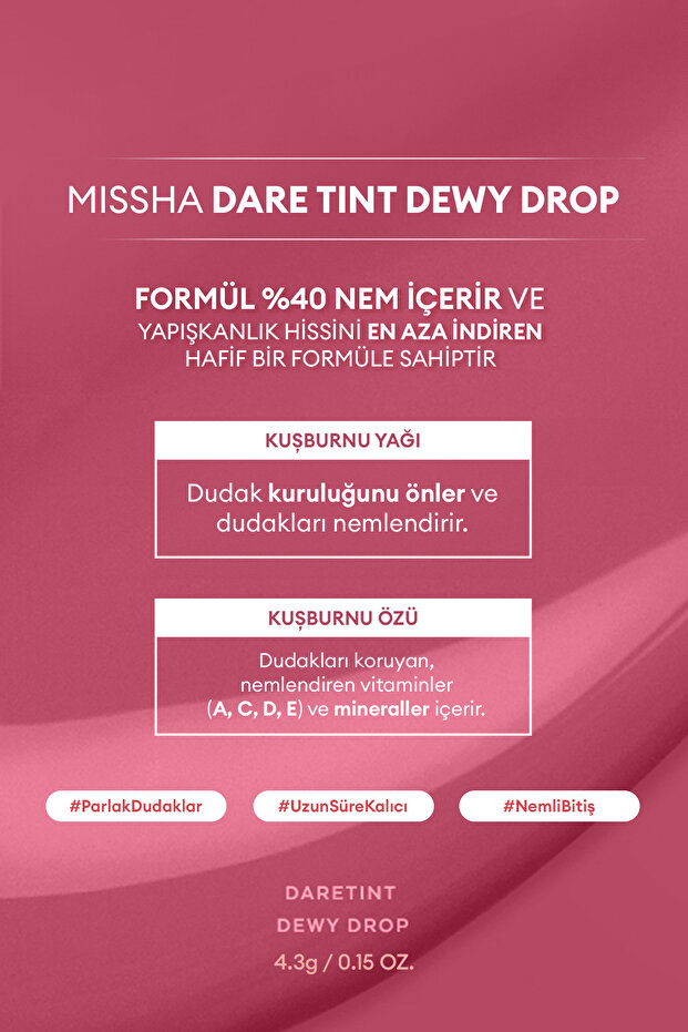 Uzun Süre Kalıcı, Nemli Bitiş Sunan Parlak Tint Dare Tint Dewy Drop (ROSY DROP) - 3