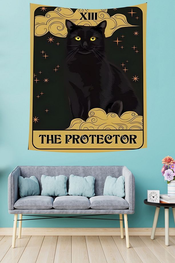 The Protector Siyah Kedi Desenli Leke Tutmaz Kumaş Duvar Örtüsü Duvar Halısı Tapestry - 1