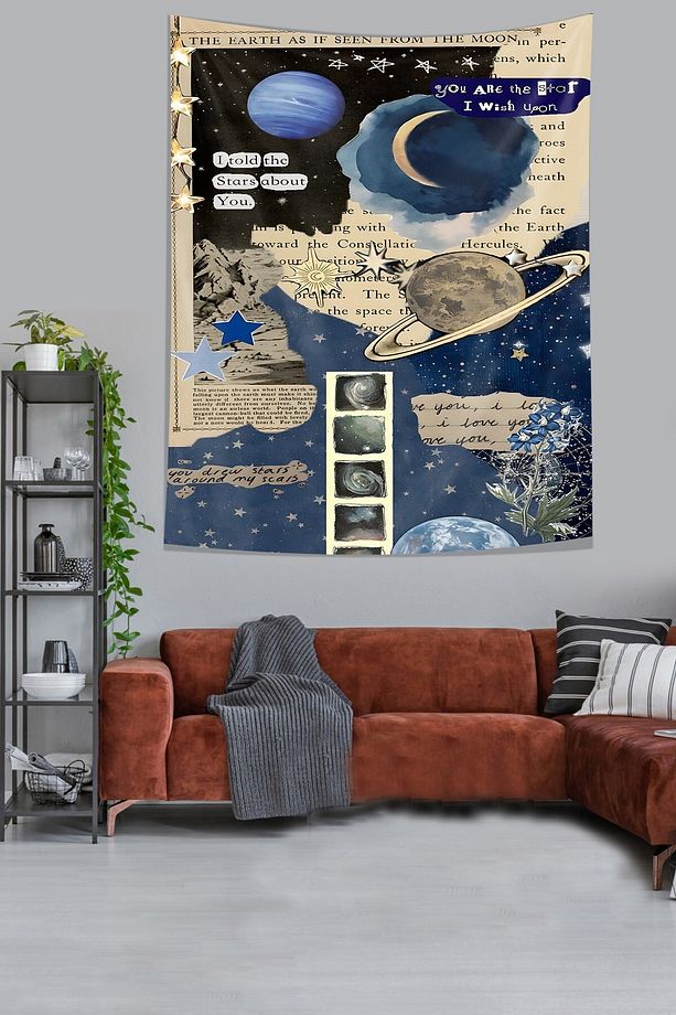 Astronomi Temalı Ay Gezegen Desenli Leke Tutmaz Kumaş Duvar Örtüsü Duvar Halısı Tapestry - 2