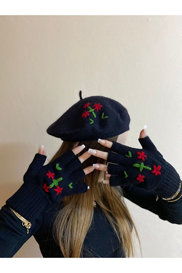 Handmade Red Floral Leaf Embroidered Black French Painter Beret and Fingers Cut Out Gloves Set