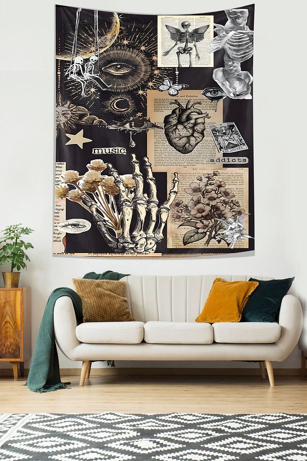 Vintage Tema İskelet Kalp Göz Desenli Leke Tutmaz Kumaş Duvar Örtüsü Duvar Halısı Tapestry - 1