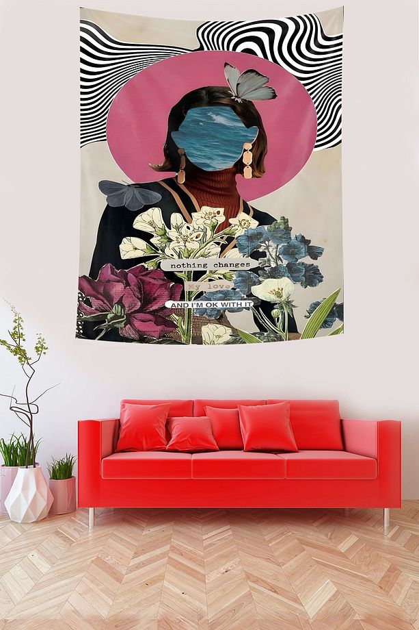 Pop Art Soyut Kadın ve Çiçekleri Leke Tutmaz Kumaş Duvar Örtüsü Duvar Halısı Tapestry - 1
