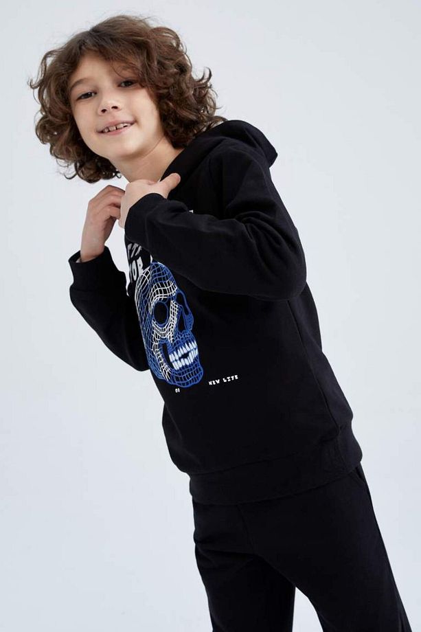 Erkek Çocuk Kapüşonlu Baskılı Sweatshirt Eşofman Altı 2'li Takım BLACK - 1