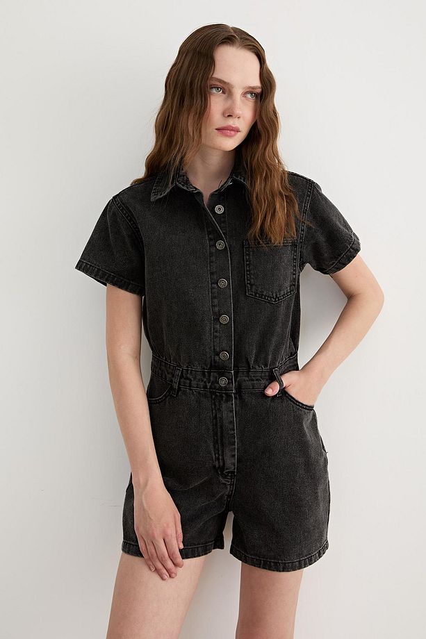 Kısa Kollu Düğmeli Şort Tulum BLACK - 3
