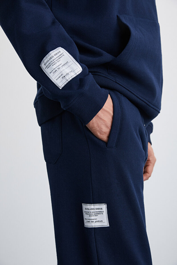 Ashbourne Erkek Oversize Kanguru Cepli Kol Etiket Detaylı Organik Pamuk Lacivert Eşofman Takımı - 6