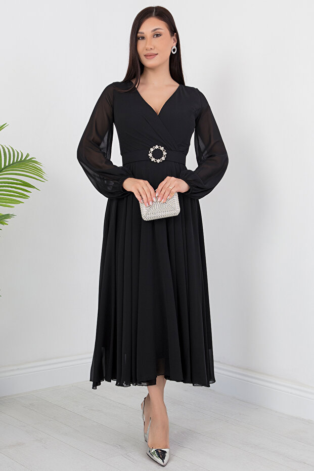 Uzun Kol Kruvaze Yaka Şifon Elbise DNS1641 - 3