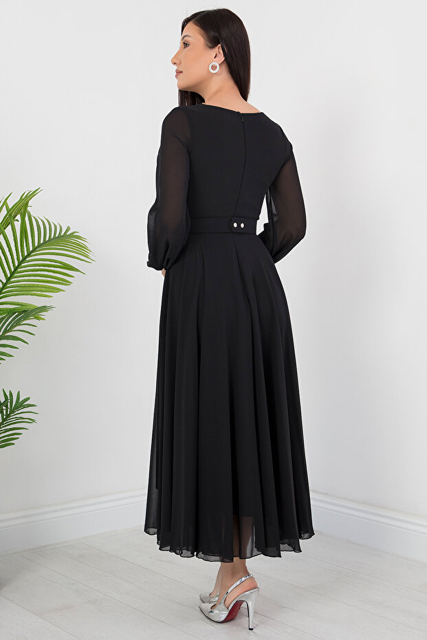 Uzun Kol Kruvaze Yaka Şifon Elbise DNS1641 - 8