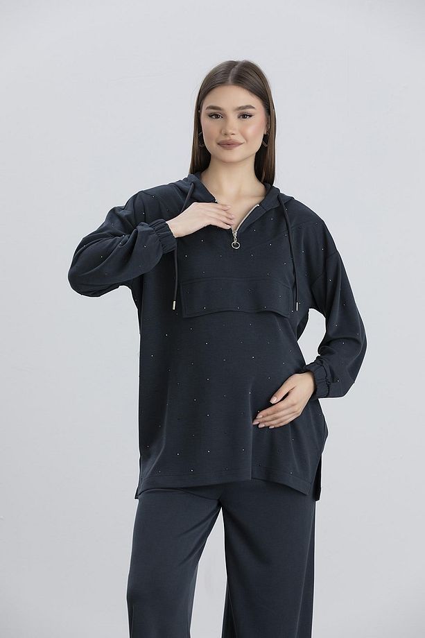 IŞŞIL 7984-Yumuşak Doku Lycra Penye Taşlı Hamile Eşofman Takım - 5