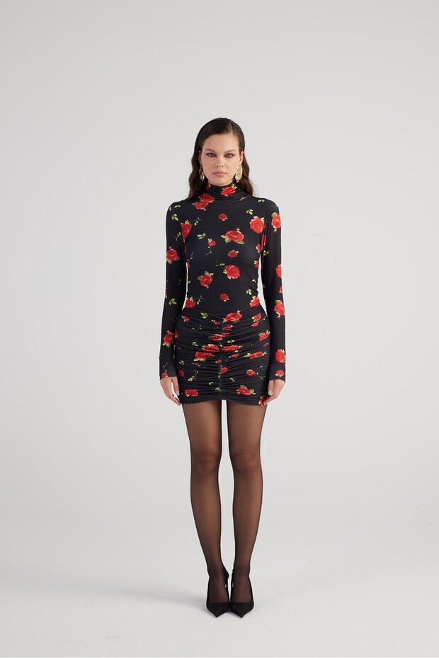 Turtleneck Rose Patterned Mini Felicia Dress Black