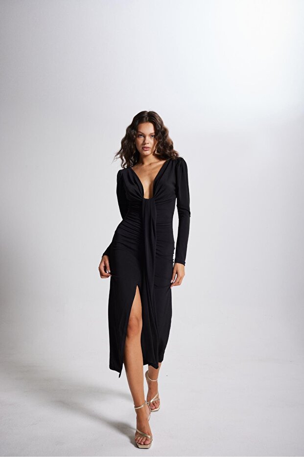 V-Neck Watermelon Sleeve Maxi Moonlight Dress Black
