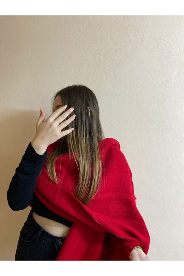 Women's Day Gift Red Women's Winter Puff Shawl - Wide Tassel Scarf - Shoulder Shawl - Gift