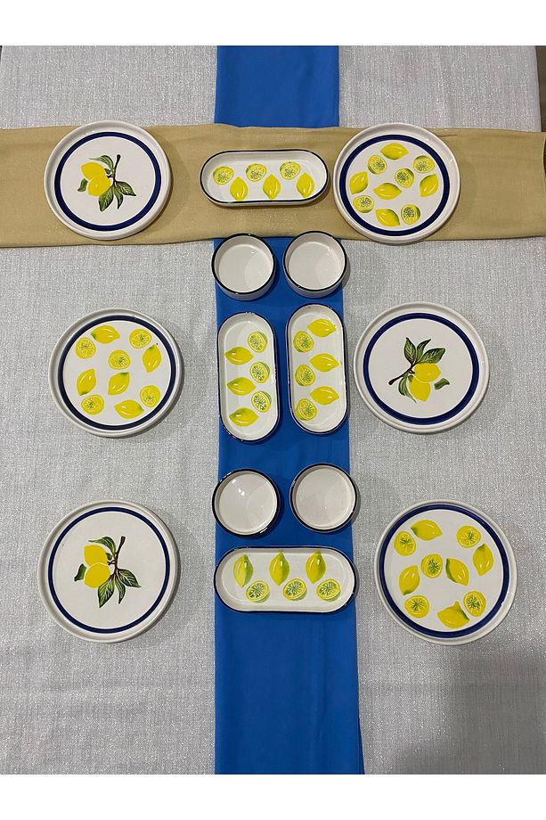 Mavi desen yuvarlak limon Lüx kahvaltı seti 14 parça 6 kişilik - 1