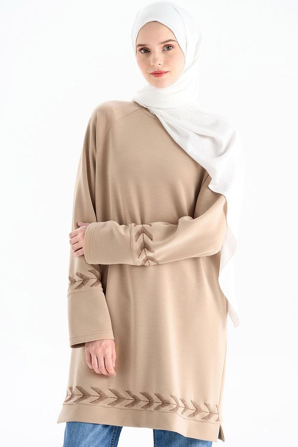 Nakış Detaylı Örme Tunik - Camel - 2
