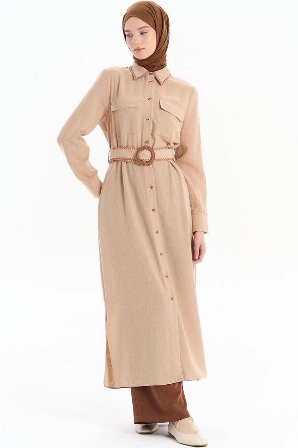 Nakışlı Bel Kemerli Uzun Tunik - Camel - 2