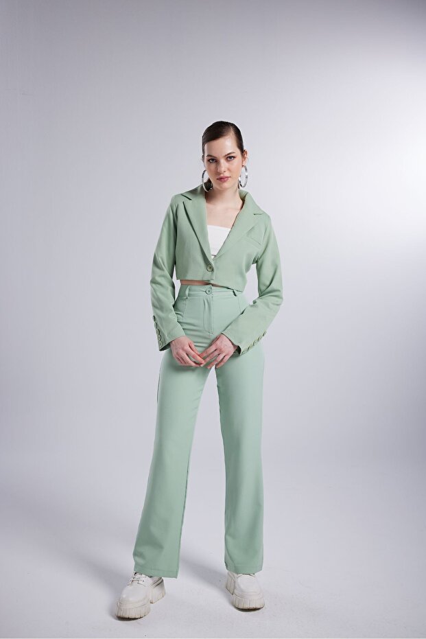 High Waist Button Closure Fabric Panky Trousers Green