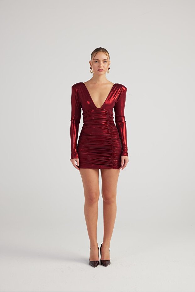 Shiny Fabric Draped Mini Karly Dress Burgundy