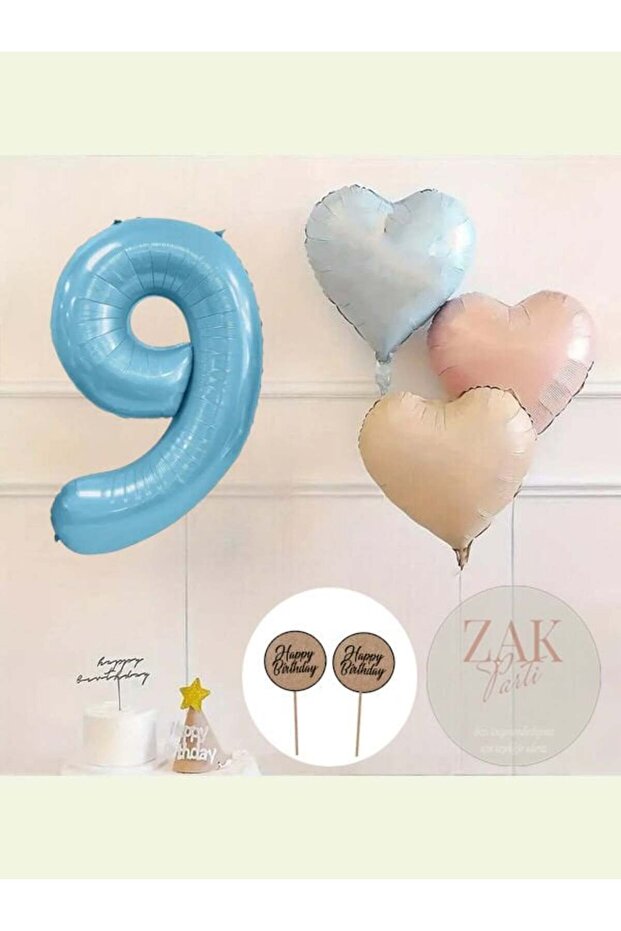 Blue Number Foil Balloon Retro Blue Pink Satin Heart Foil Balloon Birthday Balloon Set - Age 9