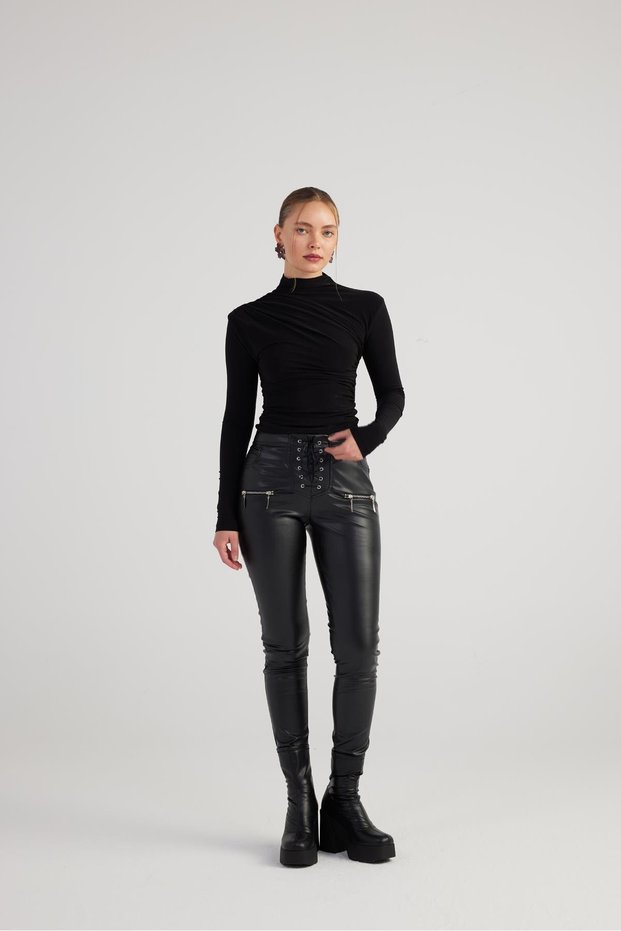 Vegan Leather Eyelet Detailed Lycra Gina Leather Trousers Black