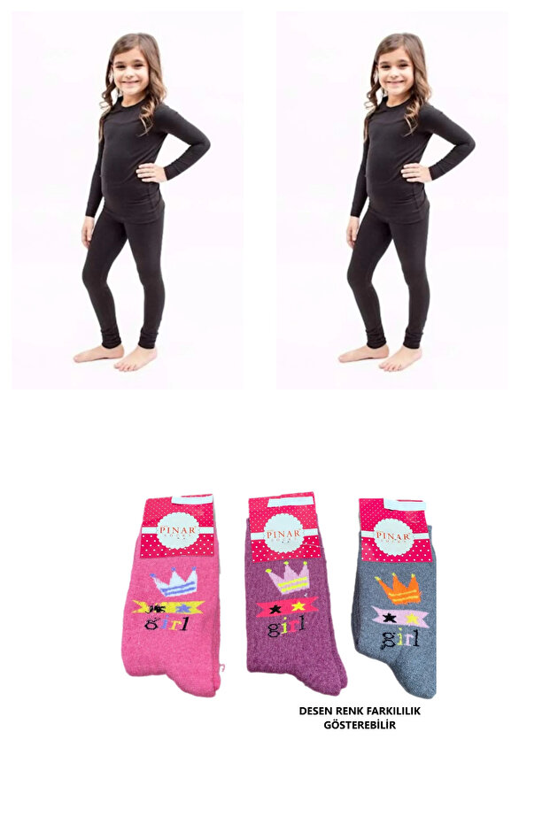 Kız Çocuk 2 Adet Termal Alt- 2 Adet Üst Set Takım Siyah 3 adet kışlık çorap - 1
