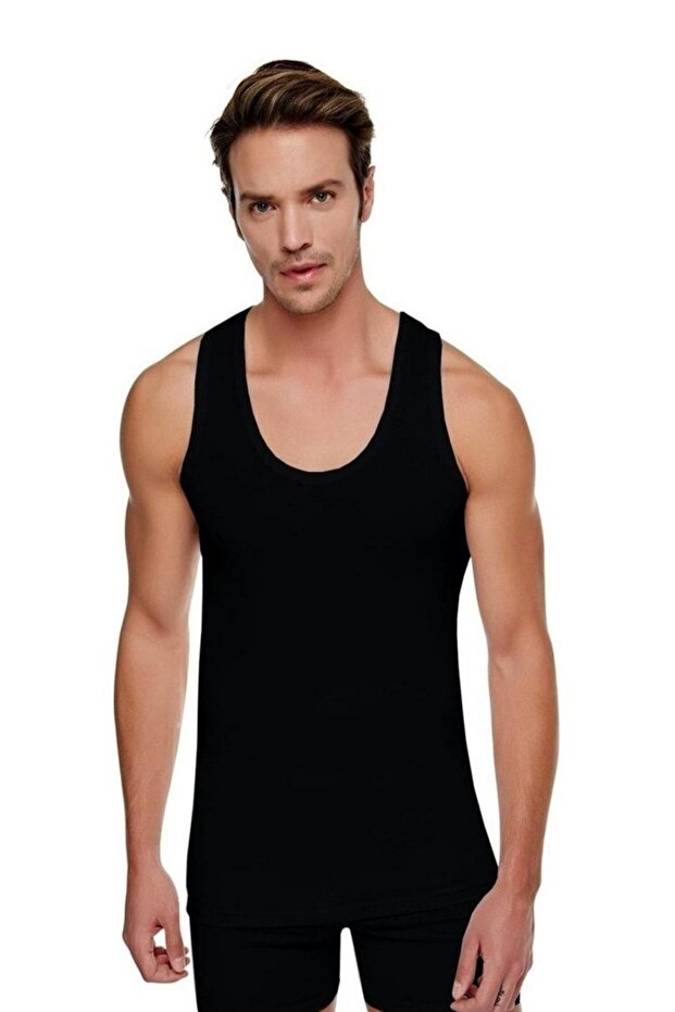 3-Piece Tutku Men's 100% Cotton Rib Classic Strap Black Undershirt 0102