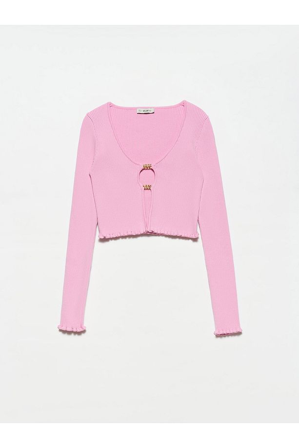 60134 U Yaka Önü Aksesuarlı Triko Hırka-pembe - 1
