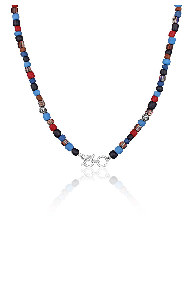 Pánský náhrdelník se zapínáním ve tvaru T-bone ze skleněných korálků modré barvy ze sterlingového stříbra 925 - 1