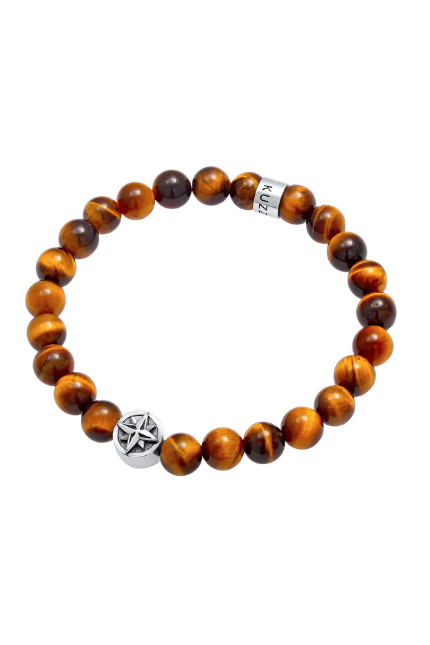 Pánský náramek s tygřím okem a perlou, kompas a korálky Trend ze sterlingového stříbra 925 - 2
