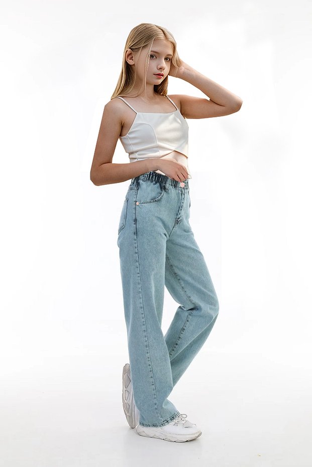 Girls' 100% Cotton Wide Leg Waist Elastic Wide Leg Jeans Jean Pants