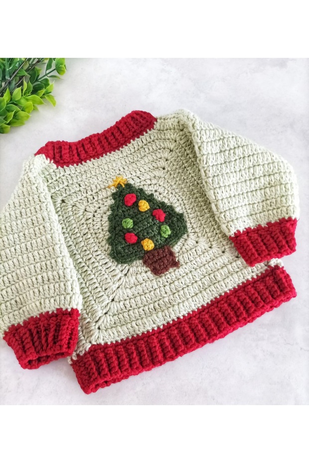 Pine Tree Detailed Hand Knitted Christmas Sweater, Children's and Baby Sweater, New Year's Gift, Christmas