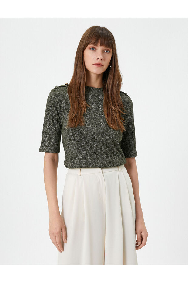 Knitwear T-Shirt Short Sleeve Glittery Crew Neck with Epaulettes