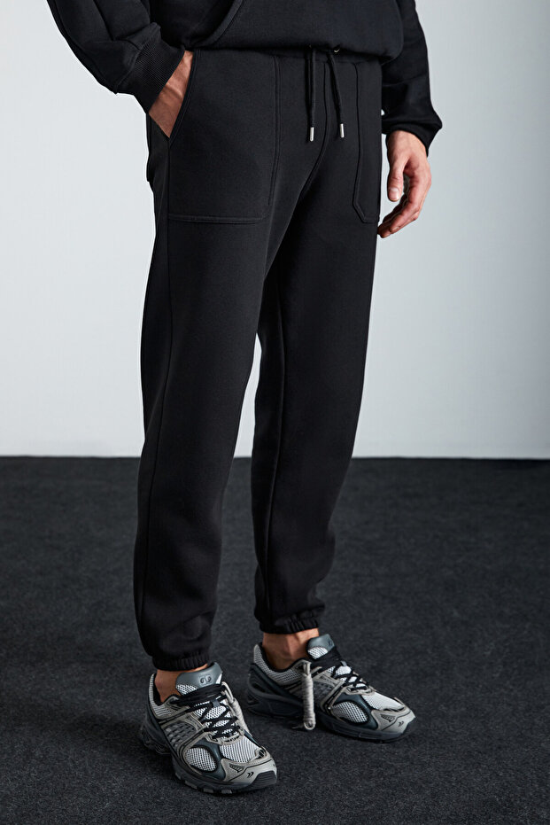 Goran Men's Organic Cotton Black Sweatpants with Fleece Inside Pockets Top and Elastic Legs