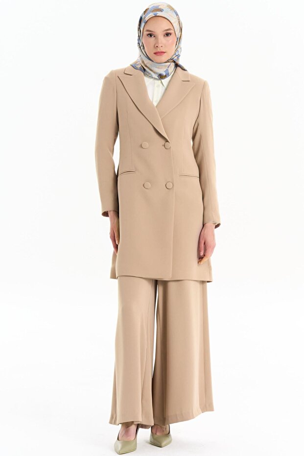 Kruvaze Düğmeli Uzun Basic Ceket - Bej - 1