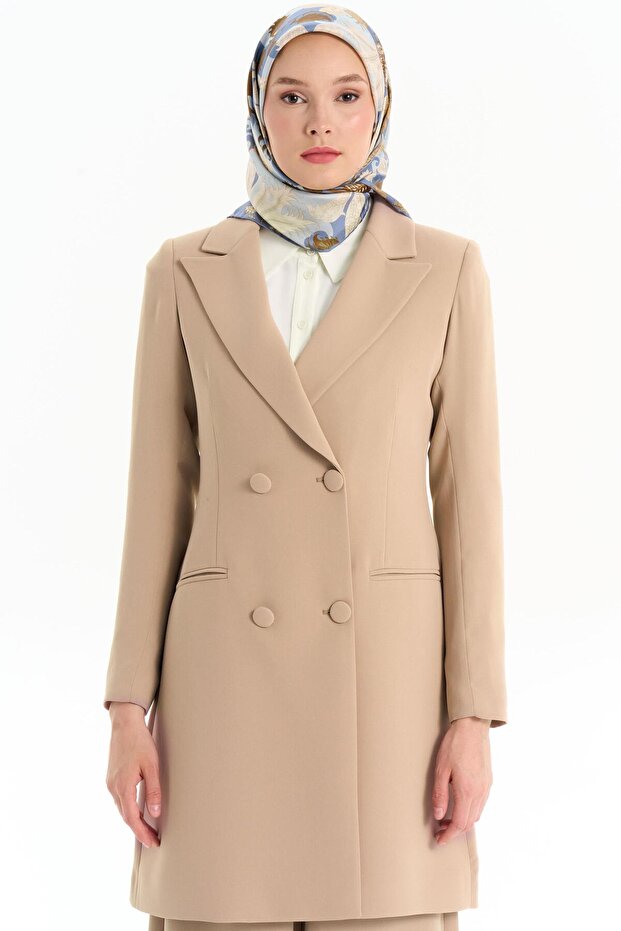 Kruvaze Düğmeli Uzun Basic Ceket - Bej - 3