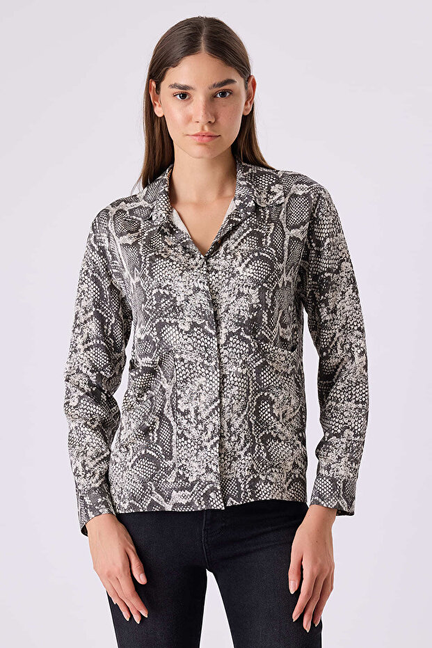 Desenli gri viskon gömlek - 3