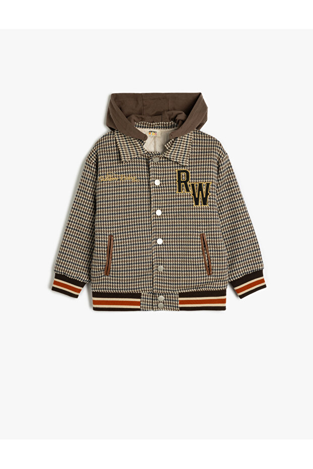 Hooded Shirt Jacket with Pocket Applique Detail Long Sleeve