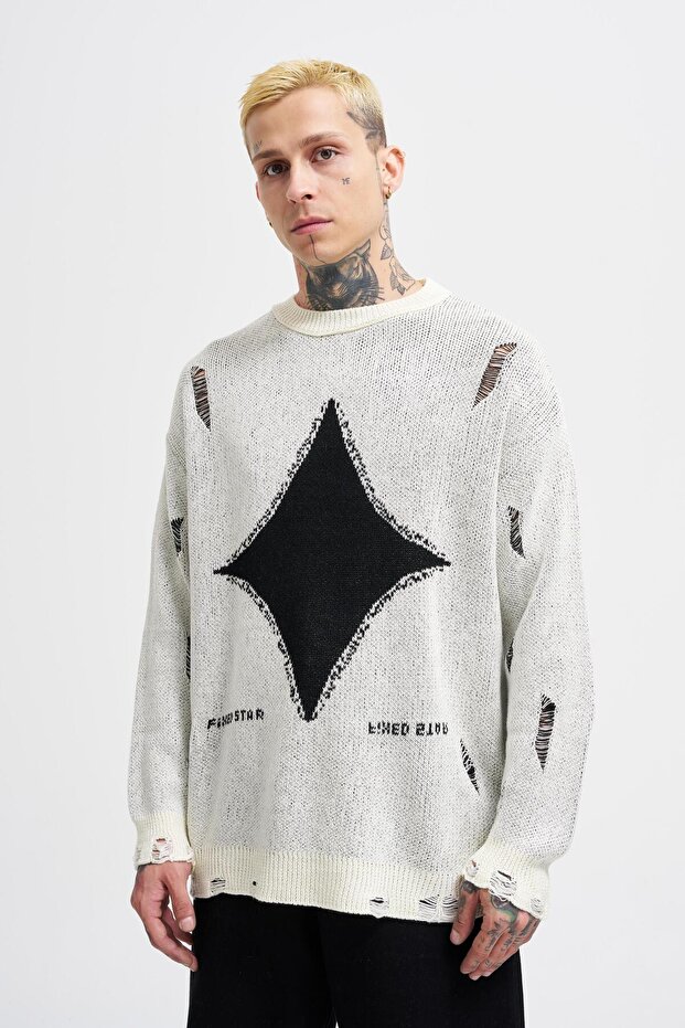 Erkek Patterned Ekru Kazak - 1