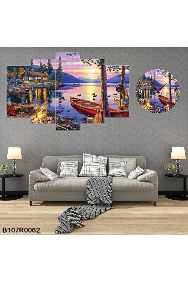 Parçalı Ahşap Duvar Tablo 5 Parça Set Ve Saatli - 1