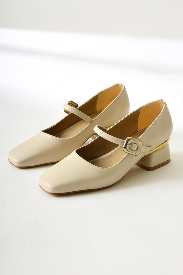 Abby Beige Women's Casual Shoes with Blunt Toe Buckle Detail