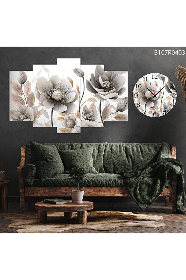 Parçalı Ahşap Duvar Tablo 5 Parça Set Ve saatli - 1